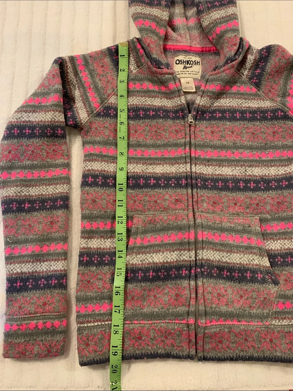 Oshkosh B’gosh Girls Fleece Lined Fair Isle Full Zip Hooded Sweater(Hoodie) 10